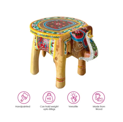 Natural Handpainted Wooden Elephant Stool - Image 2